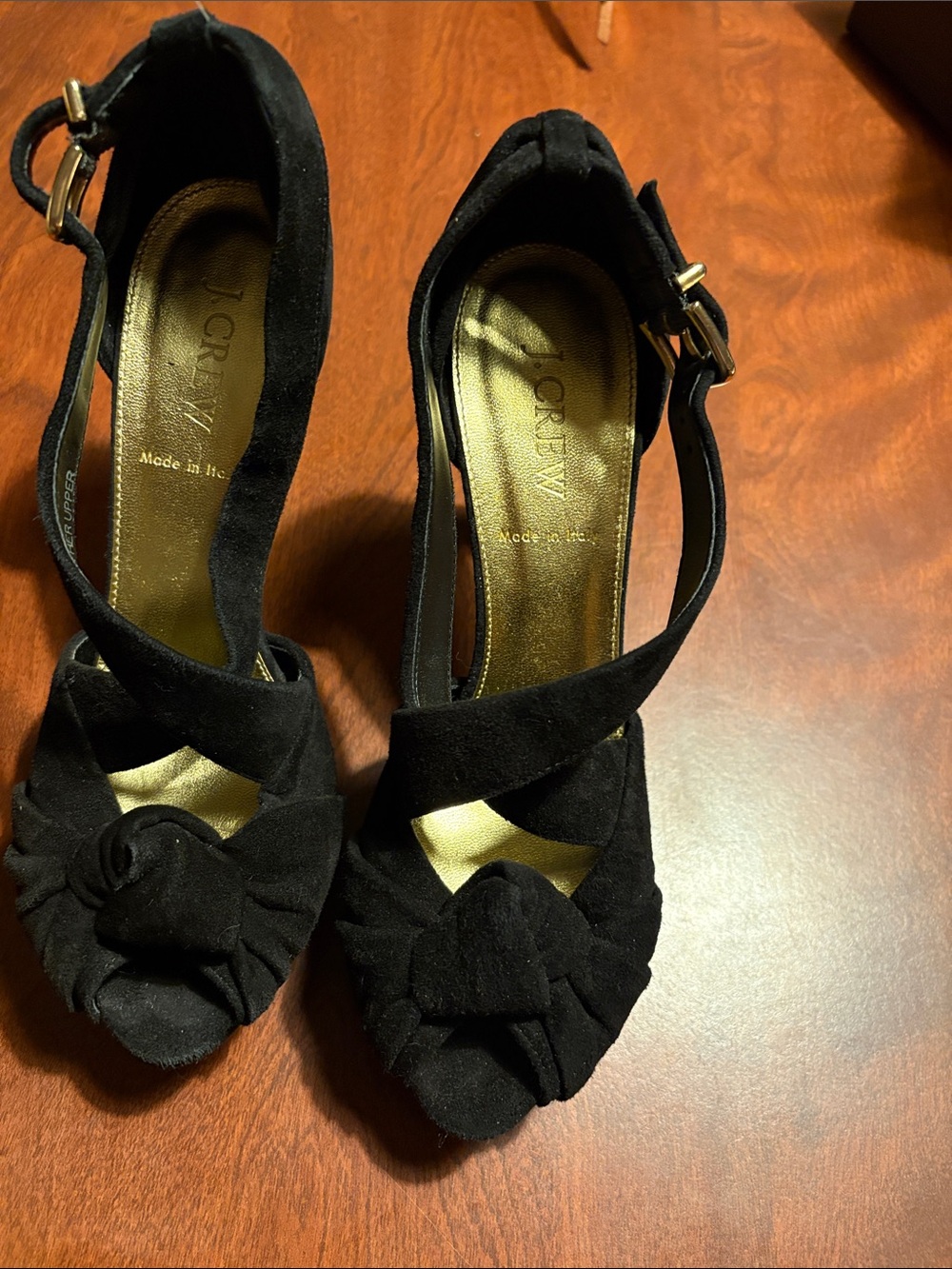 J. Crew Black Suede Peep-Toe Ankle Strap Heels with Knot Detail